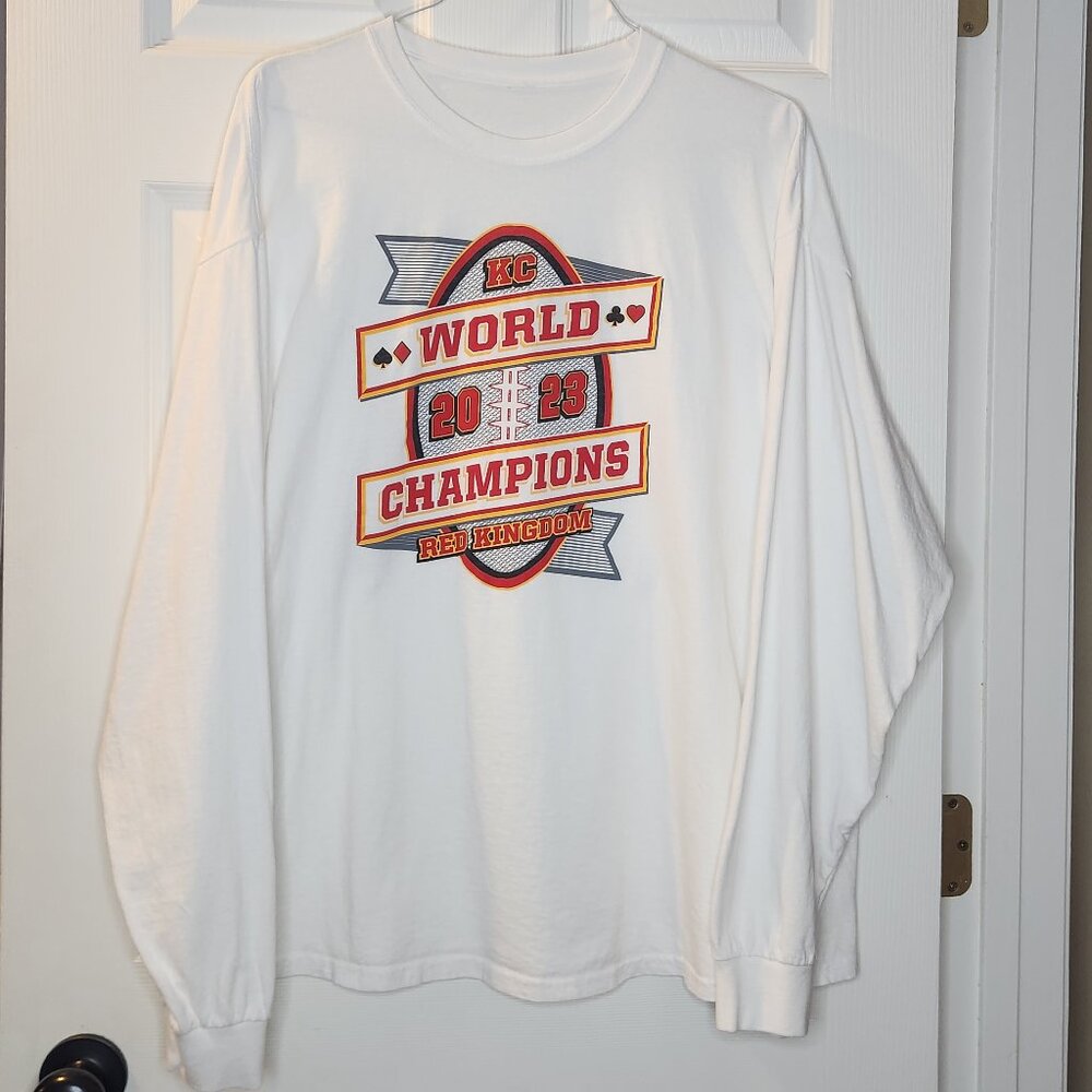KC Chiefs World 2023 Champions Red Kingdom White Long Sleeve Tee